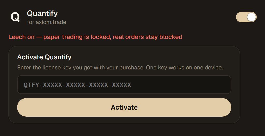 Quantify activation form with a field for the license key and an Activate button