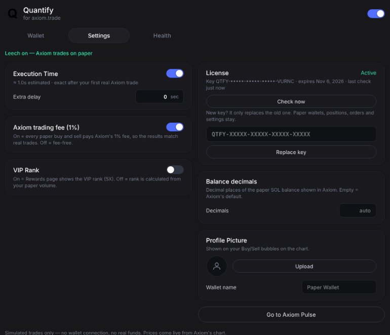 Quantify settings tab with execution time, Axiom trading fee, VIP rank and license status