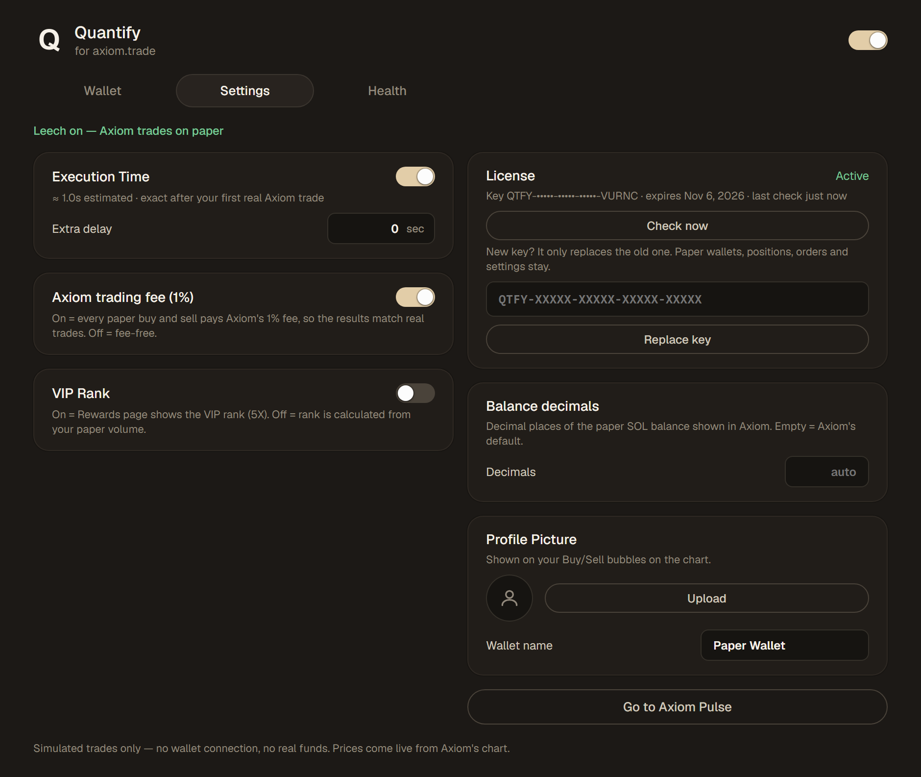 Quantify Settings tab with execution time, trading fee, VIP rank, license, balance decimals and profile picture