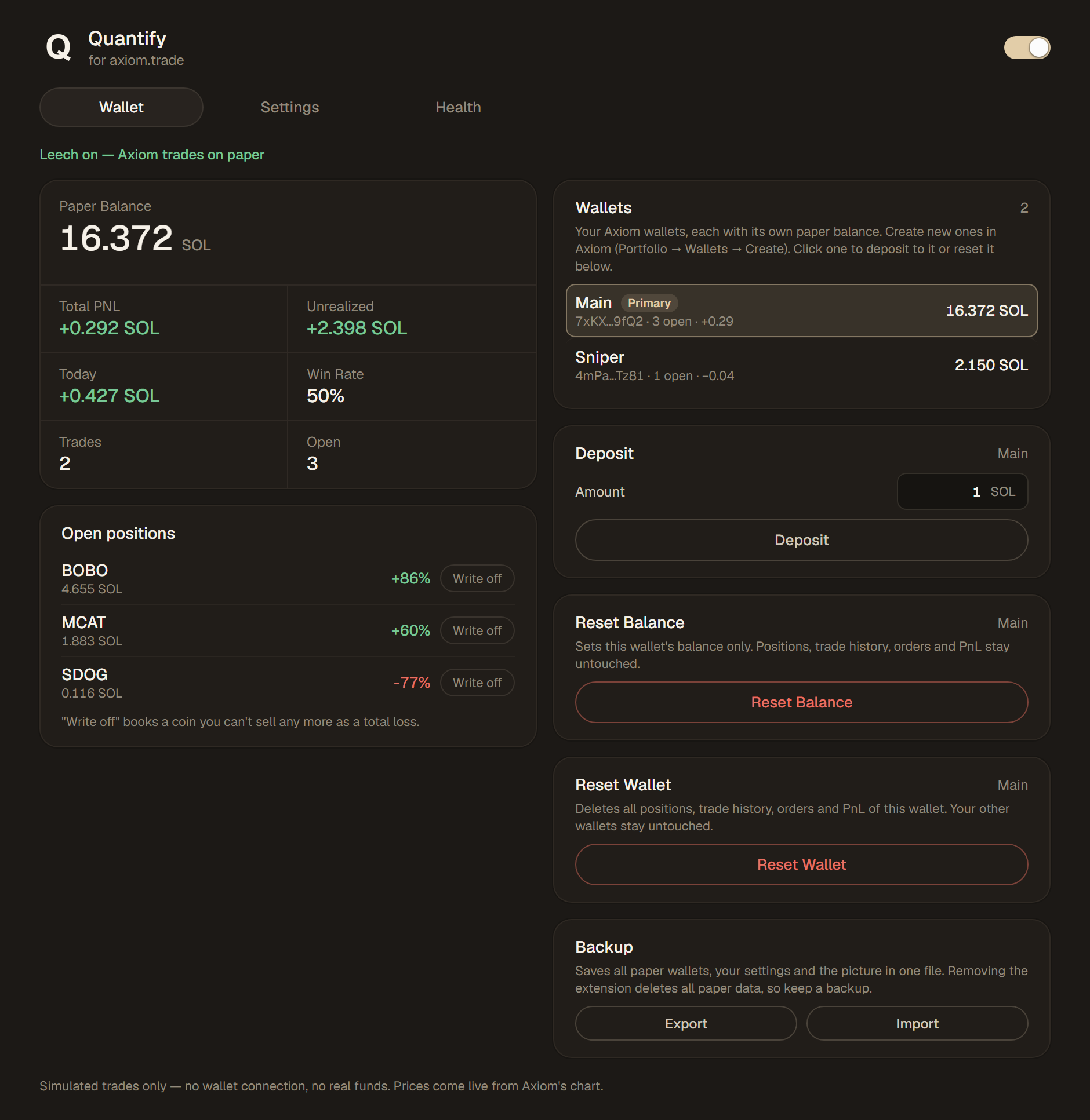 Quantify Wallet tab with paper balance, PnL figures, open positions, wallets, deposit, reset and backup